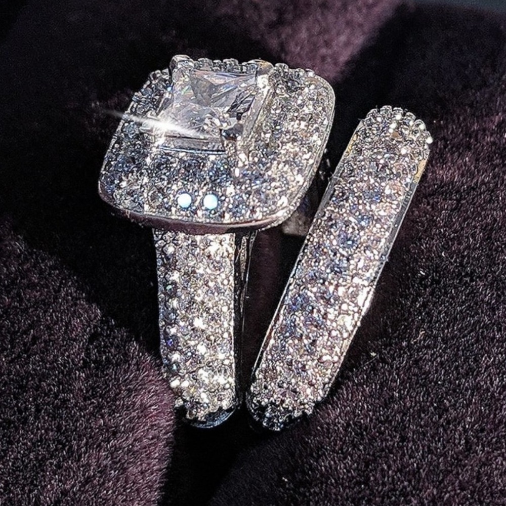 NEW 925 Sterling Silver Princess Halo Ring Set - Picture 2 of 7